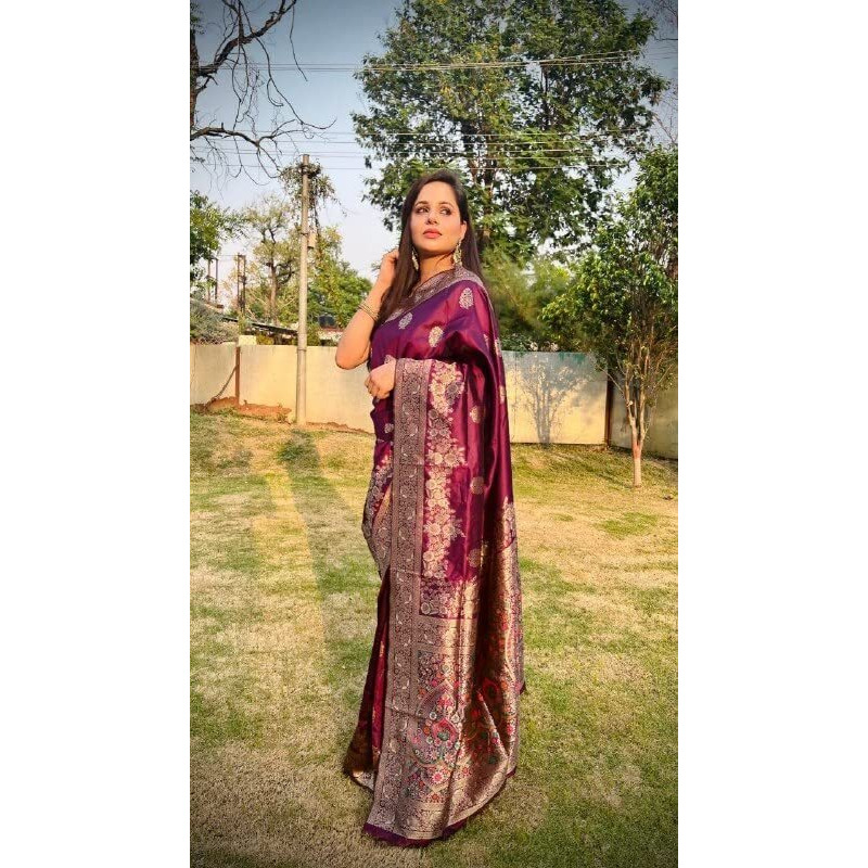 Flosive Women's Present Banarasi Soft Lichi Silk Saree Beautiful Jacquard Rich Pallu Design Work Zari Woven Kanjivaram Silk Style Saree With Soft Lichi Silk Blouse Piece Ayn Royal Wine Flower & Butti