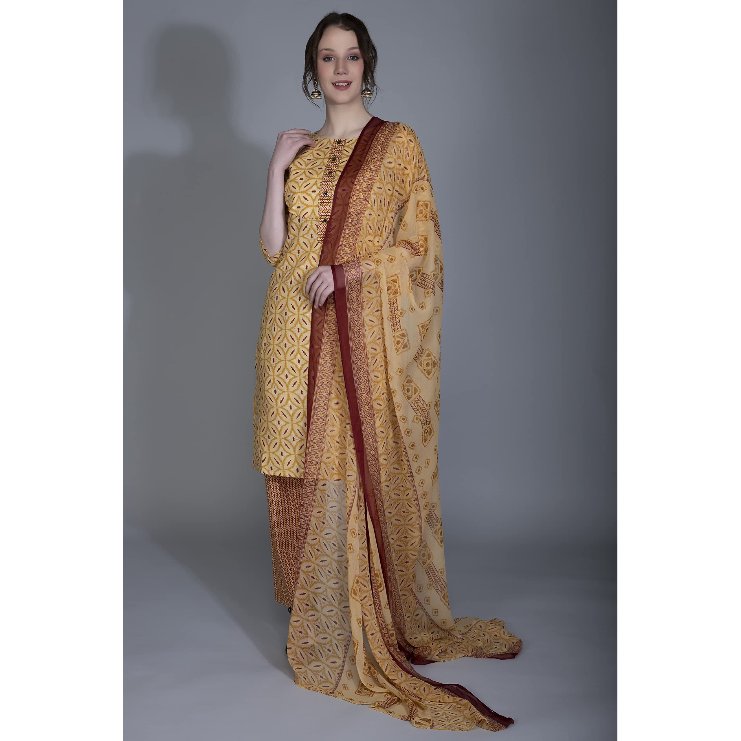 Dhruvi Trendz Womens Cotton Women Kurta Set Regular Fit Straight (Dt-K2694&P116_Yellow_M)