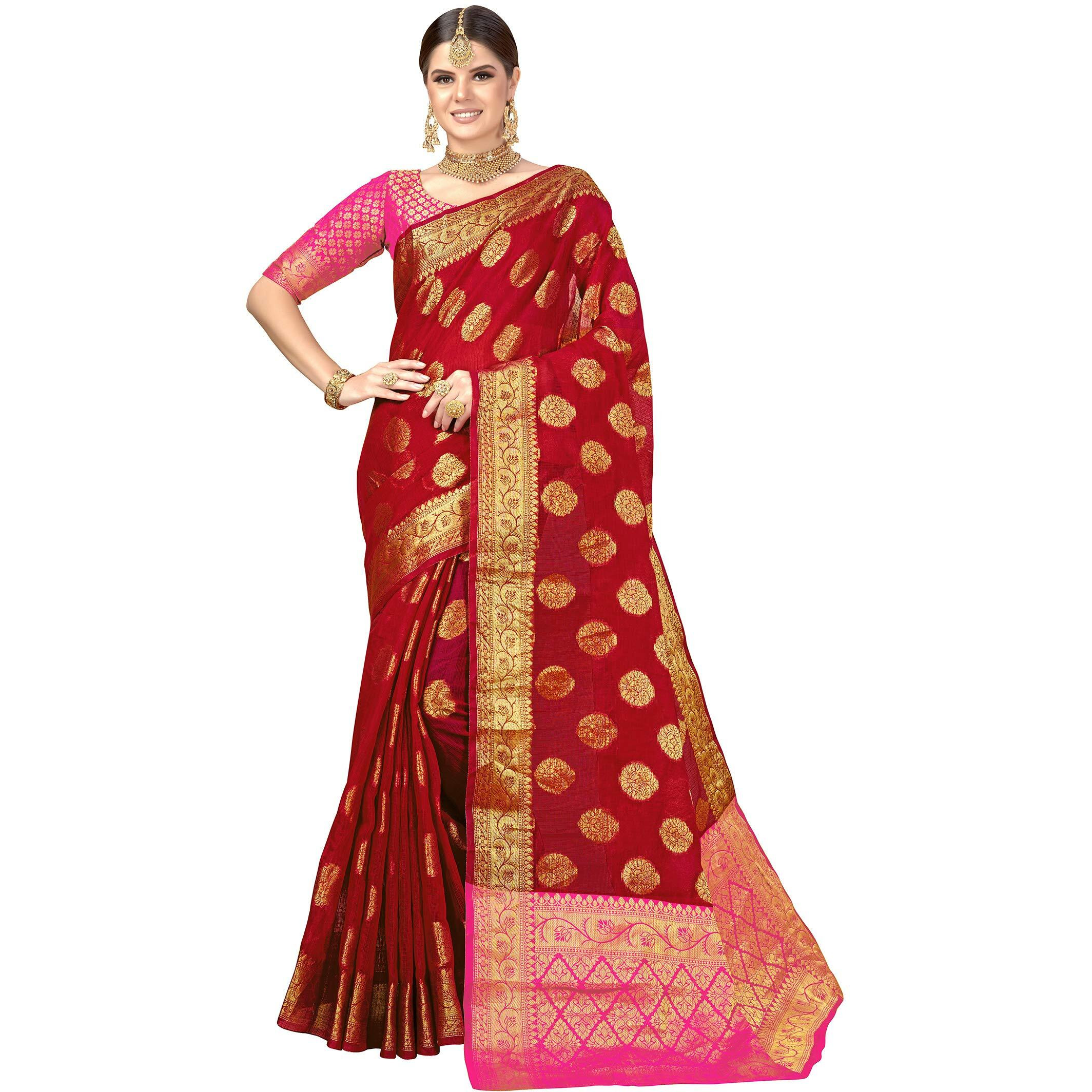 Glory Sarees Women's Banarasi Silk Saree (Maheshwarisilk104_Red