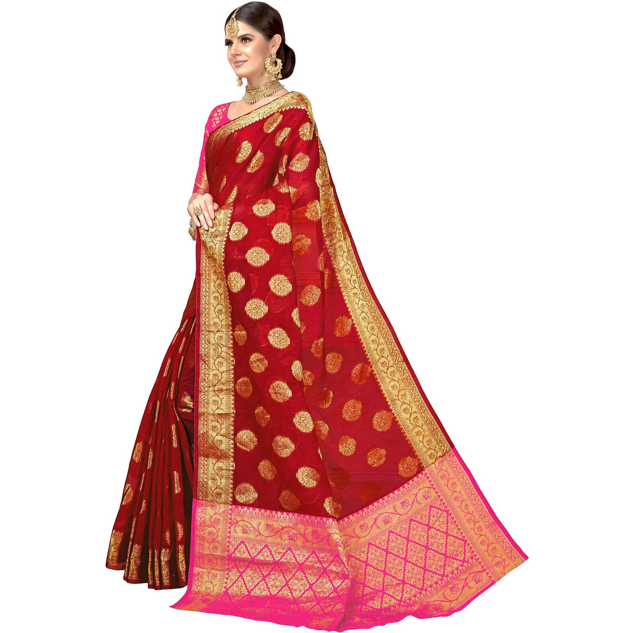 Glory Sarees Women's Banarasi Silk Saree (Maheshwarisilk104_Red