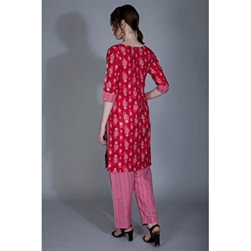Greciilooks Womens Cotton Blend Casual Regular Fit Kurta Pant Set (Pink, X-Large)