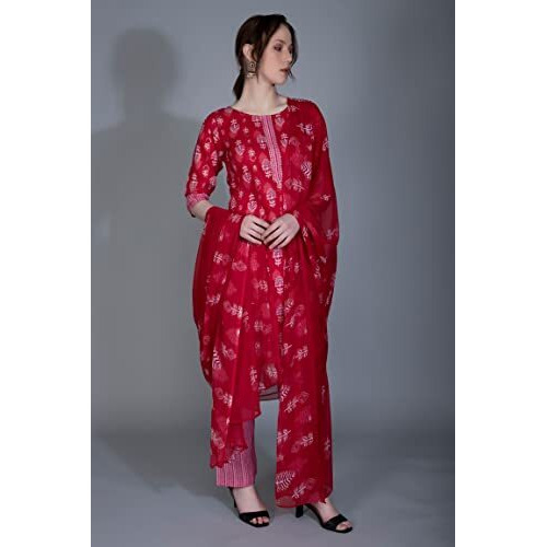 Greciilooks Womens Cotton Blend Casual Regular Fit Kurta Pant Set (Pink, X-Large)