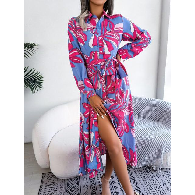 Gufrina Women's Full Sleeve Collar Neck Western Dress - Floral Print Maxi Dress With Slit And Tie-Up Belt (Pink Xl)