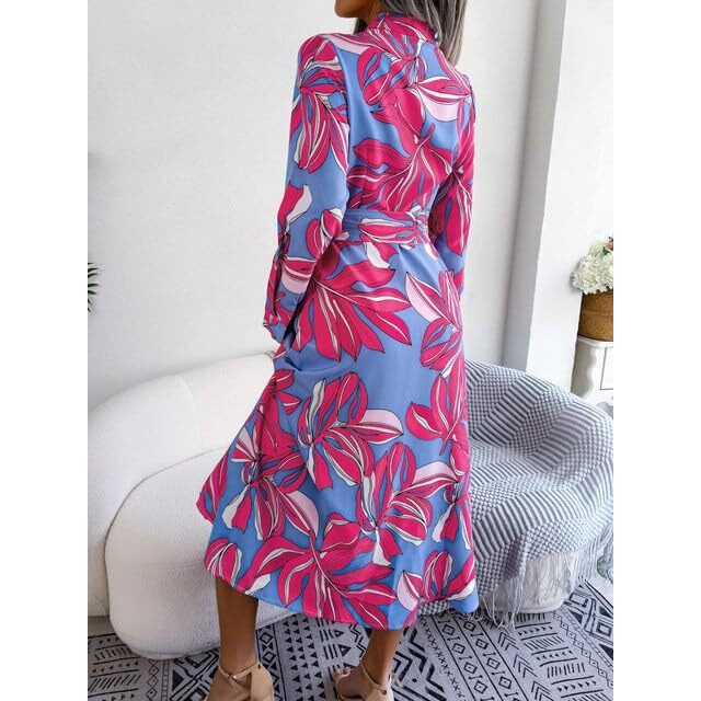 Gufrina Women's Full Sleeve Collar Neck Western Dress - Floral Print Maxi Dress With Slit And Tie-Up Belt (Pink Xl)