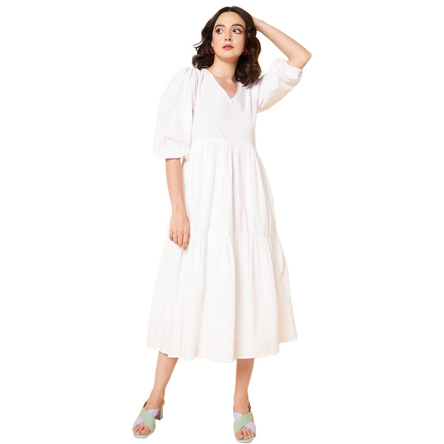 High Star Cotton Pleated Maxi Women Dress (Hswdrs23005_Wh_White_L)