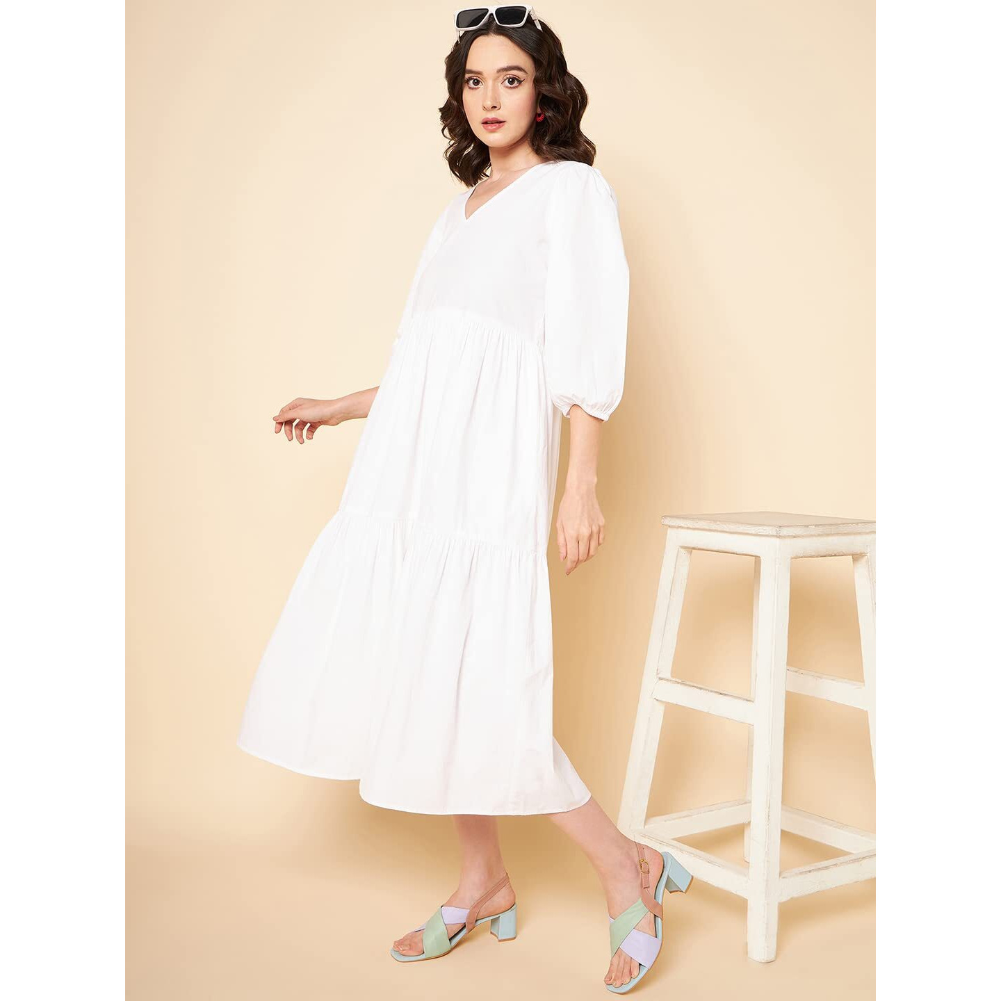 High Star Cotton Pleated Maxi Women Dress (Hswdrs23005_Wh_White_L)