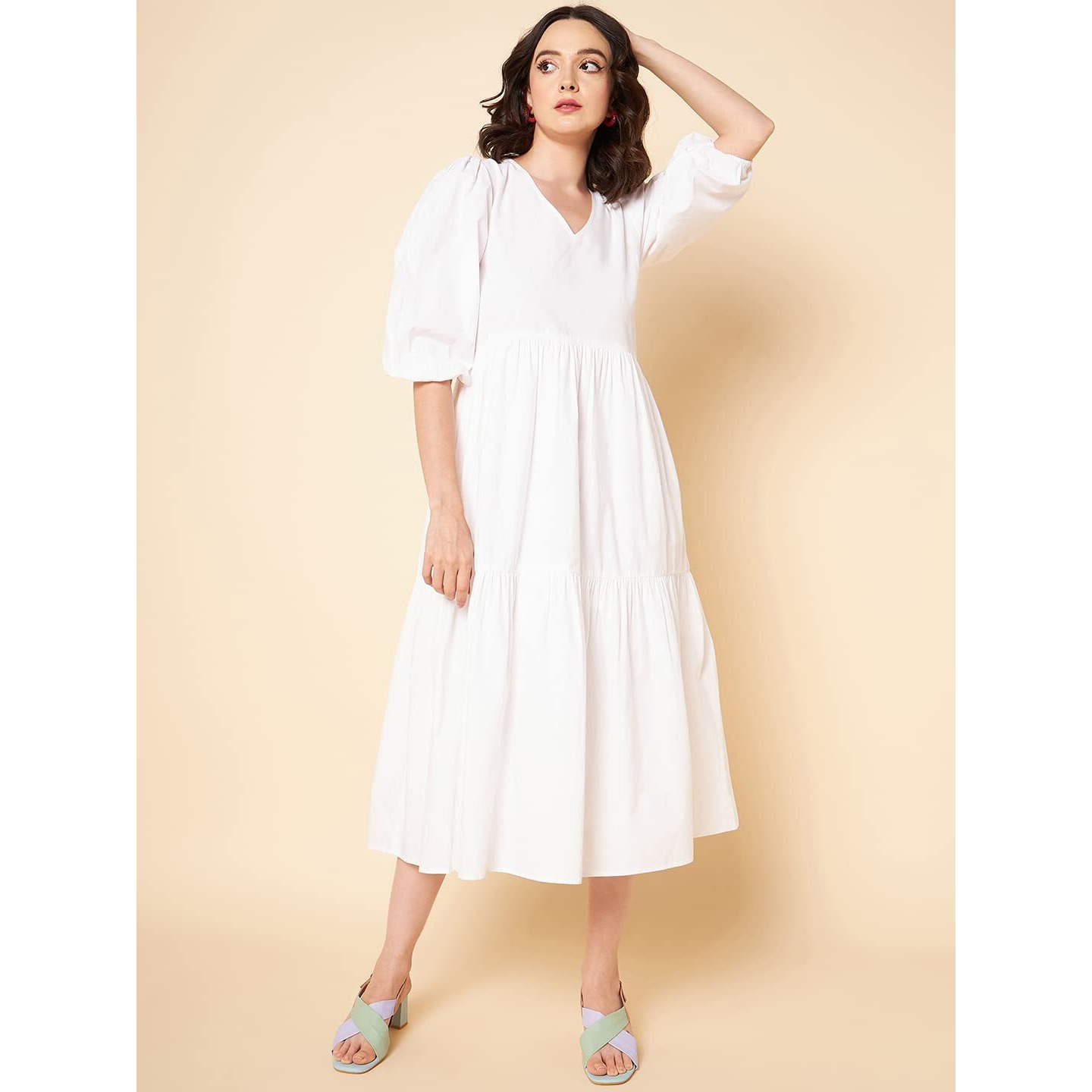 High Star Cotton Pleated Maxi Women Dress (Hswdrs23005_Wh_White_L)