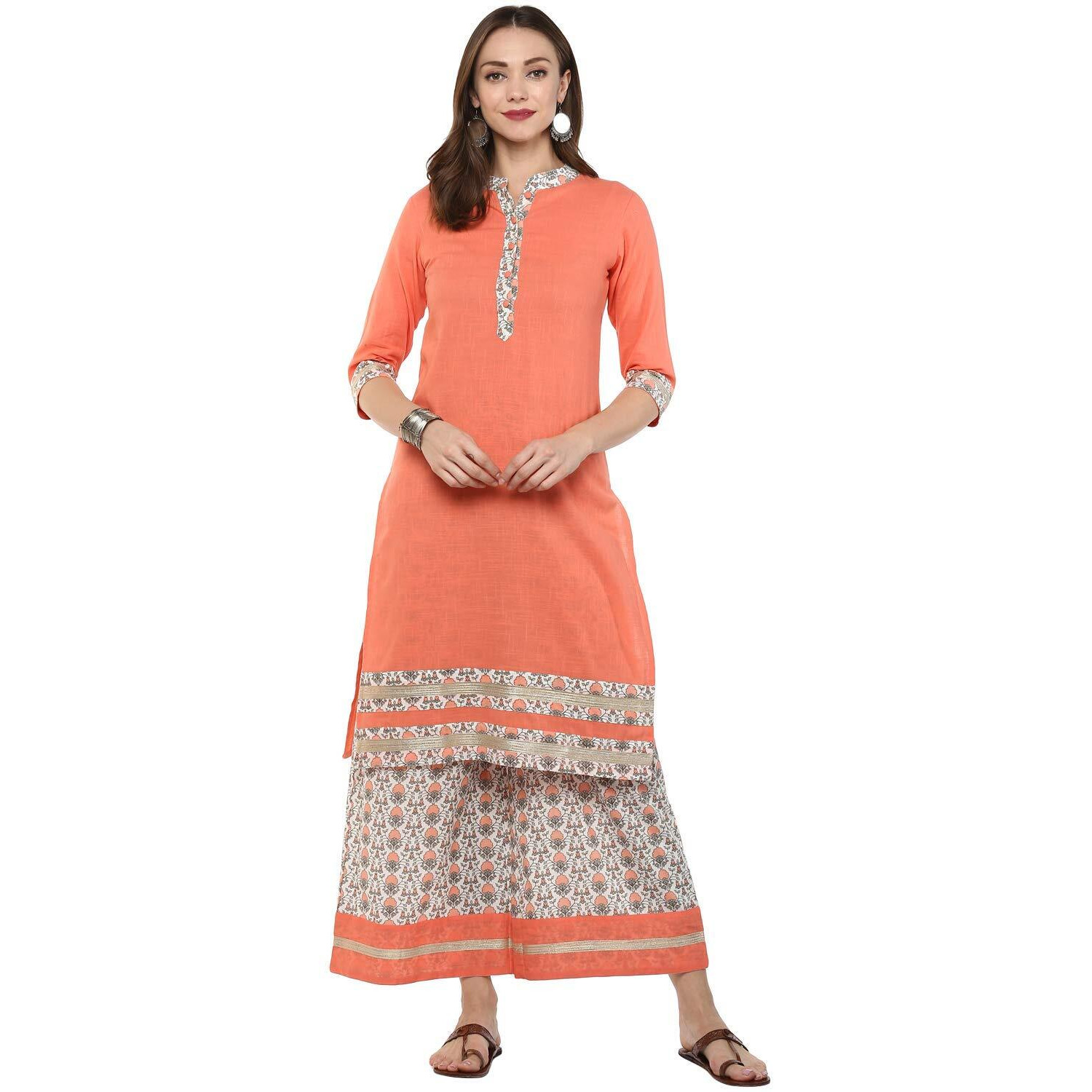 Idalia Peach Kurta With Printed Palazzo Pants