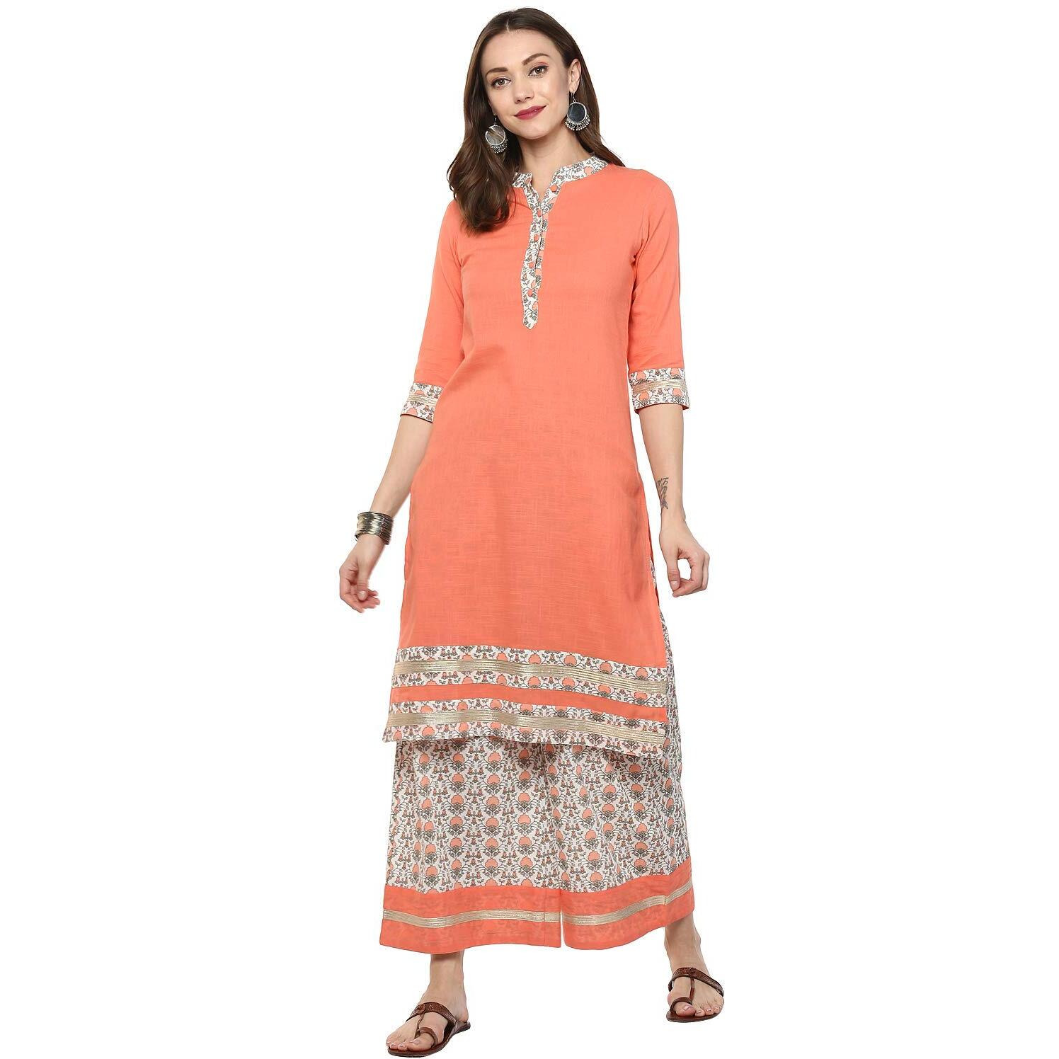 Idalia Peach Kurta With Printed Palazzo Pants
