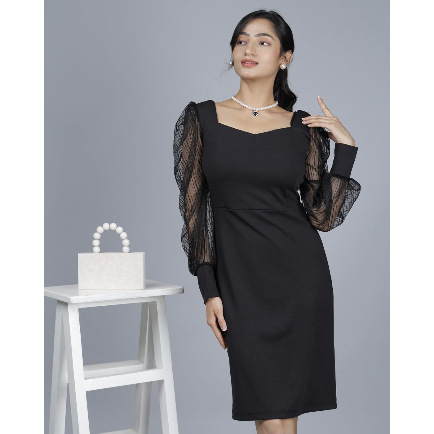 Noble Monk Women Knee Length Rib Dress | Baloon Sleeve | Slim Fit | Midi Dress | One Piece Dress For Women Black