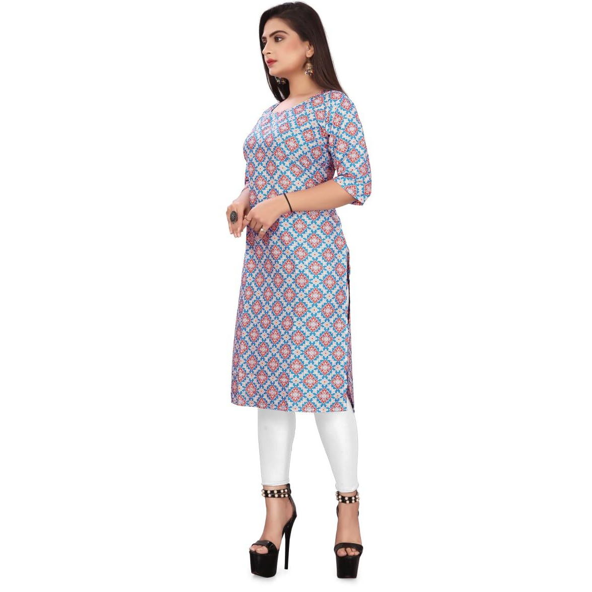 Patlani Women's Cotton Blend Printed Straight Kurta Light-Blue-Florel-Xl