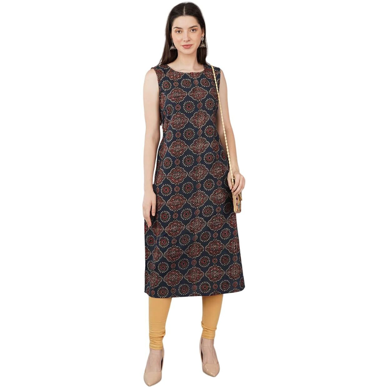 Patlani Women's Cotton Blened Sleeveless Printed Full Stitched Kurti.(K-199) Dark Blue