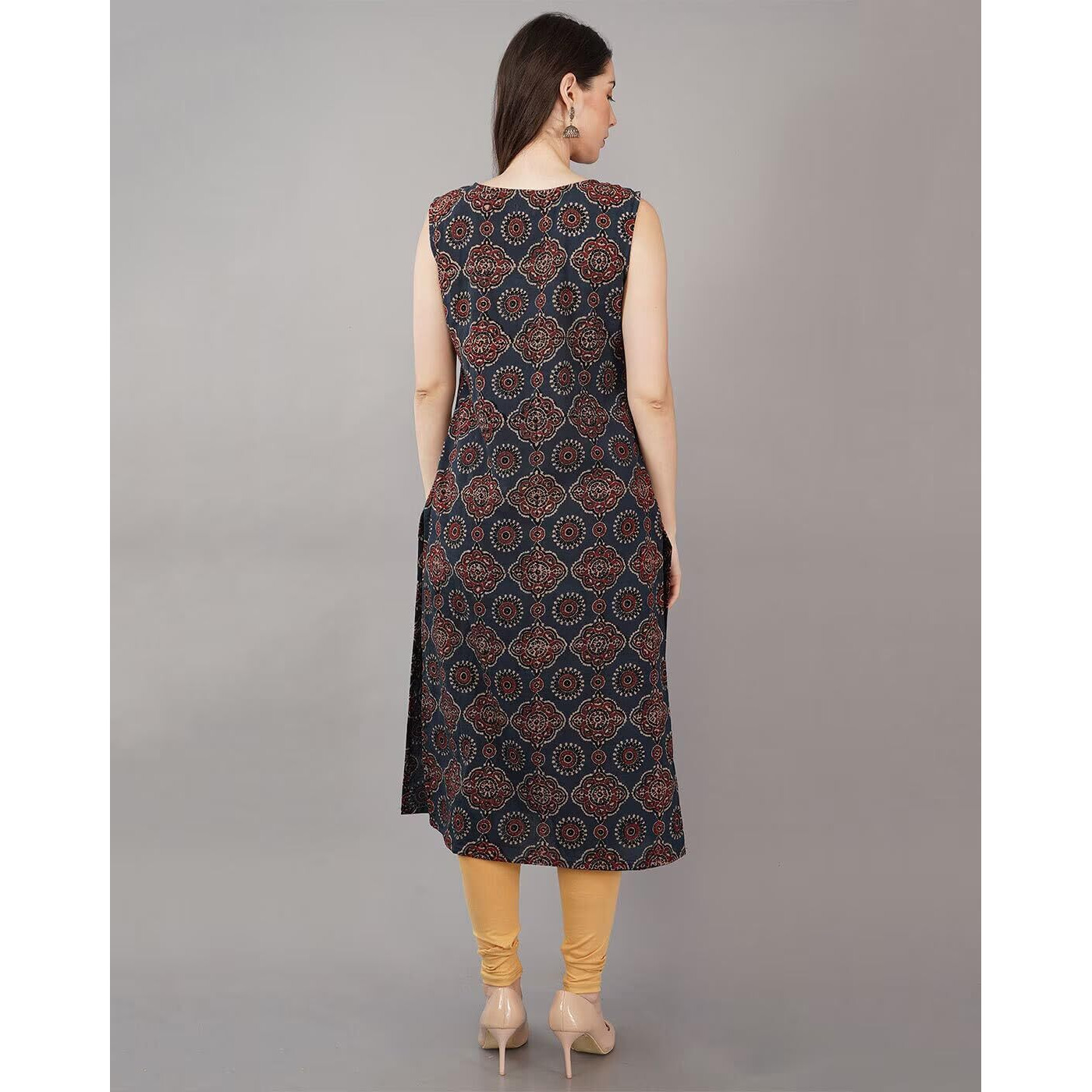 Patlani Women's Cotton Blened Sleeveless Printed Full Stitched Kurti.(K-199) Dark Blue