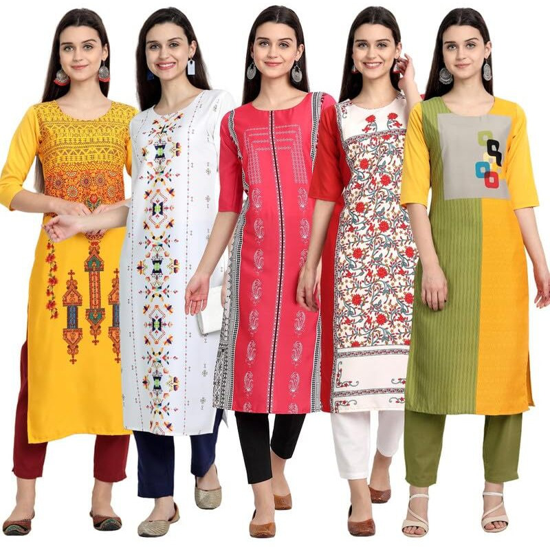 Pinkmint Women's Printed Kurti For Women's Round Neck Straight Kurti For Women (Pack Of 5)