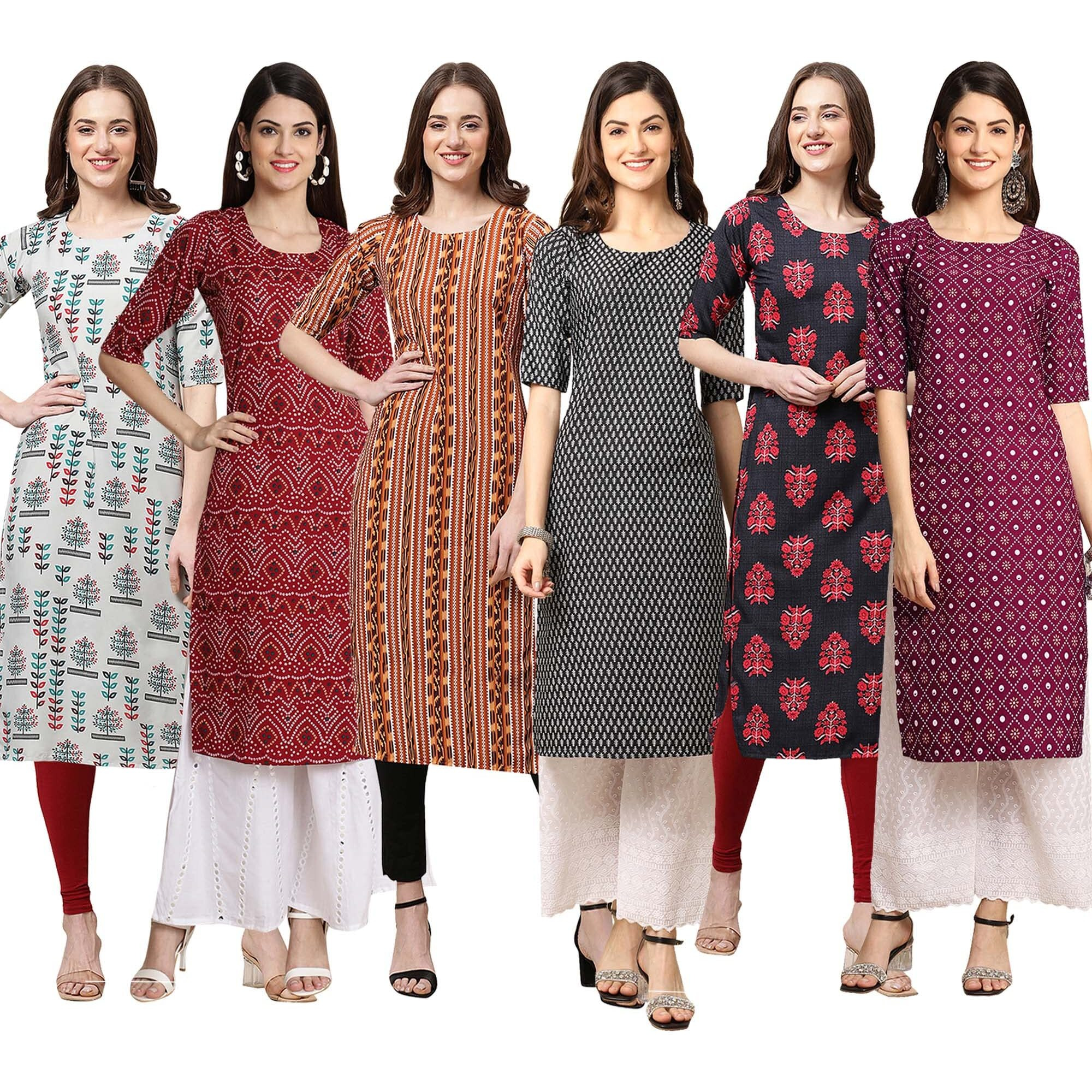 Pinkmint Women's Crepe Digital Print Straight Kurta [Pack Of 6] Multicolour