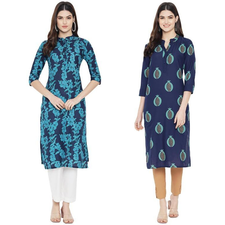 Pinkmint Women's Cotton Regular Kurti (Arangya2 Navy Blue
