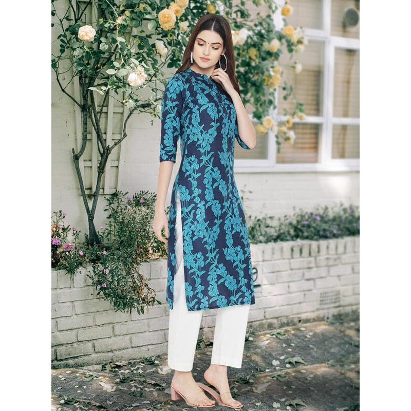 Pinkmint Women's Cotton Regular Kurti (Arangya2 Navy Blue
