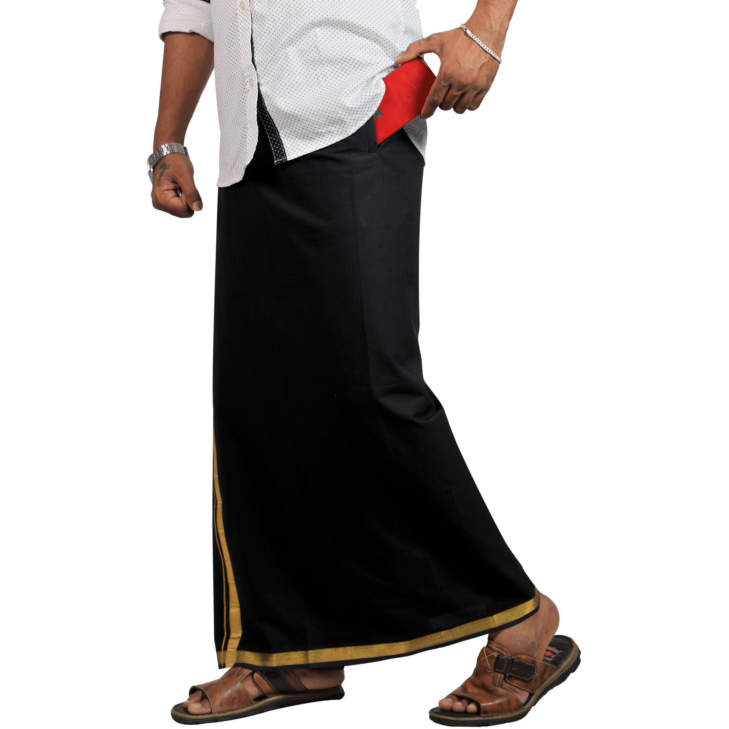 Prakasam Cotton Mens Black Colour Jari Cotton Flexi Size Welcro Pocket Dhoti (Jari-Black)-Large