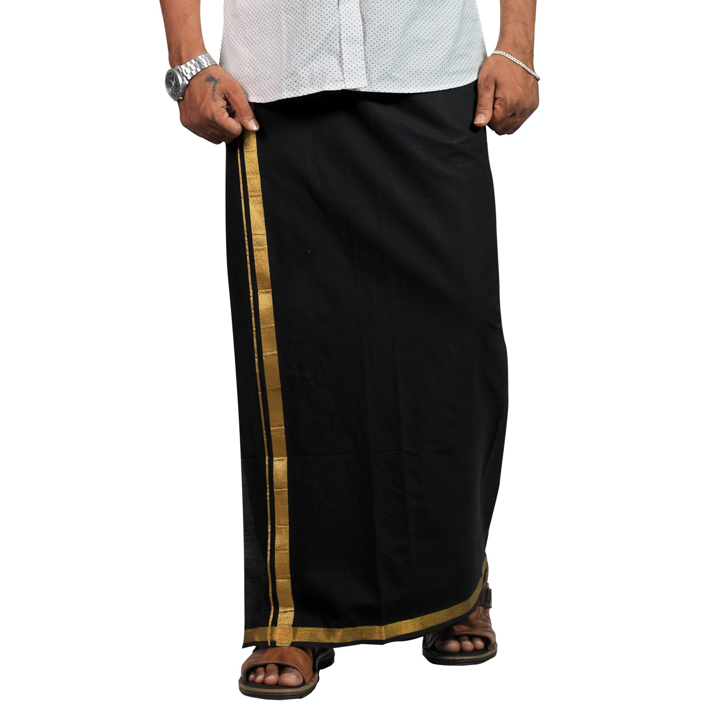 Prakasam Cotton Mens Black Colour Jari Cotton Flexi Size Welcro Pocket Dhoti (Jari-Black)-Large