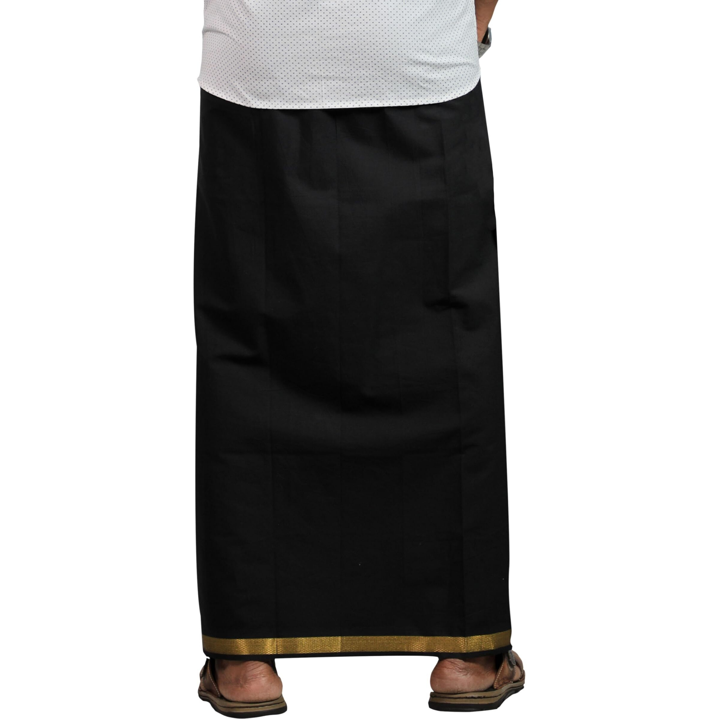 Prakasam Cotton Mens Black Colour Jari Cotton Flexi Size Welcro Pocket Dhoti (Jari-Black)-Large