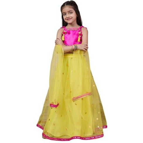 Pspeaches Girl's Net With Dupatta (L-Yellowtikli-2- Yellow_2-3Y)