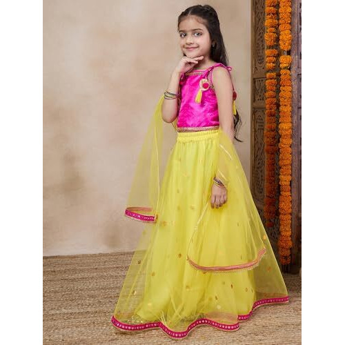 Pspeaches Girl's Net With Dupatta (L-Yellowtikli-2- Yellow_2-3Y)