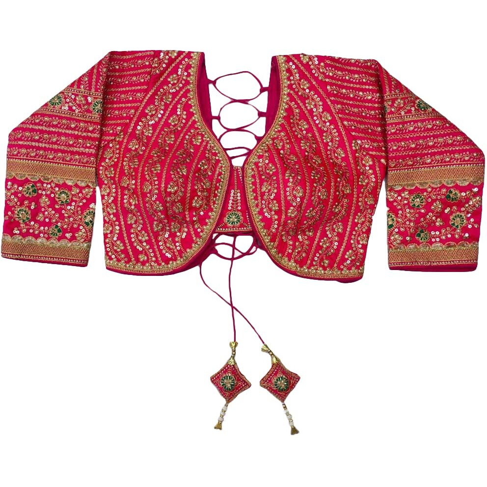 Pujia Mills Women's Heavy Embroidery Coding With Sequins Work 3/4Th Sleeves Fancy Readymade Saree Blouse(Missy Pink_38)