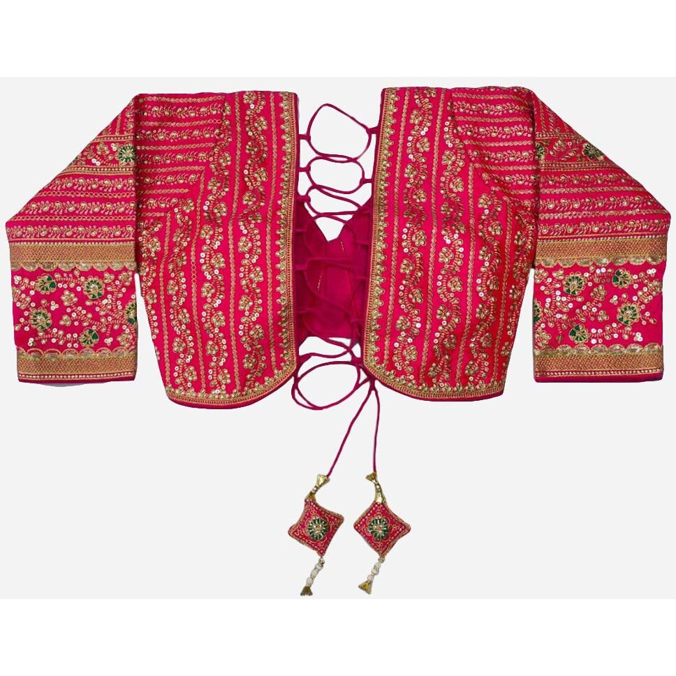 Pujia Mills Women's Heavy Embroidery Coding With Sequins Work 3/4Th Sleeves Fancy Readymade Saree Blouse(Missy Pink_38)