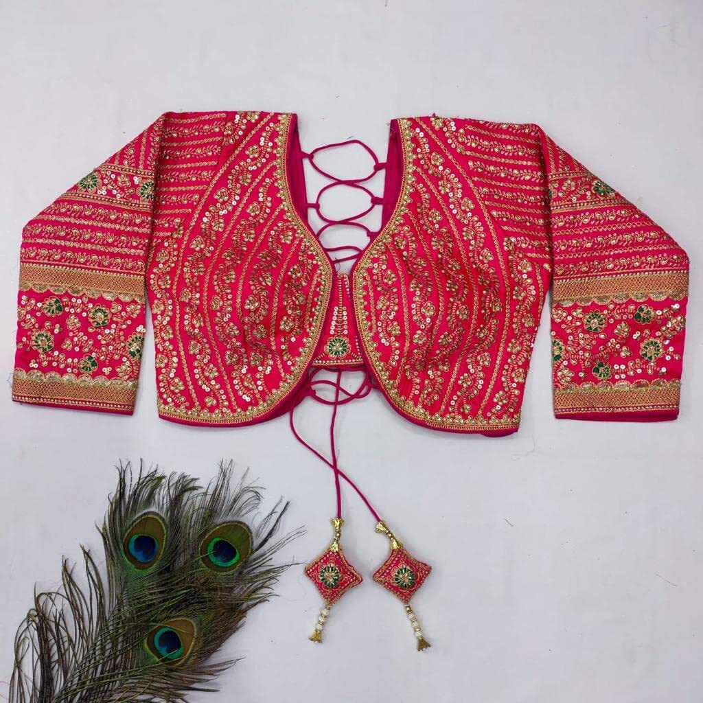 Pujia Mills Women's Heavy Embroidery Coding With Sequins Work 3/4Th Sleeves Fancy Readymade Saree Blouse(Missy Pink_38)