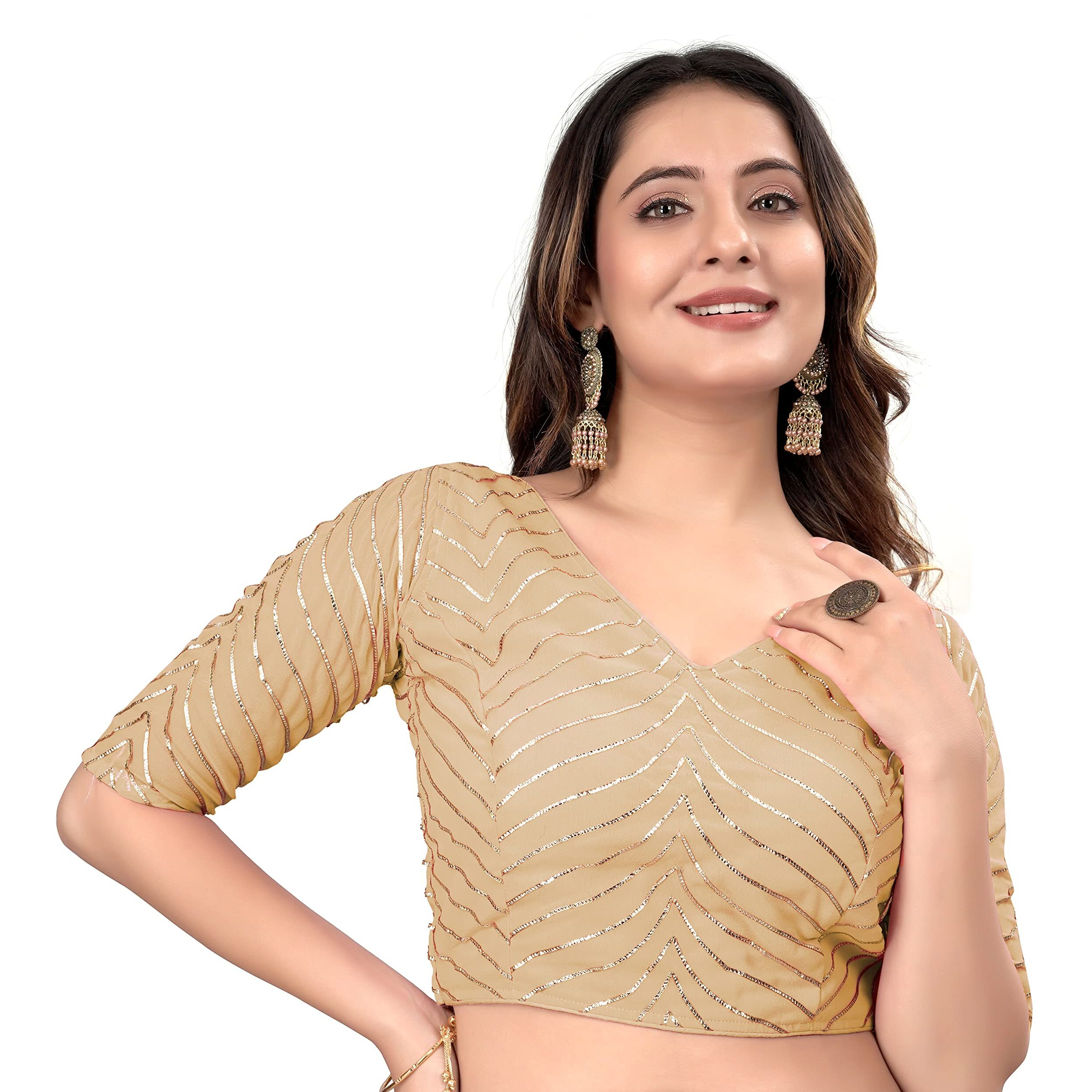 Pujia Mills Womens Fancy Readymade Half Sleeve Georgett Saree Blouse(R Koti 2 Cream_38)