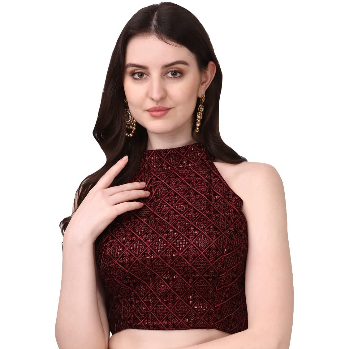 Pujia Mills Women's Halter Neck Chickenkari Sequins Work Readymade Saree Blouse (Maroon, 40)