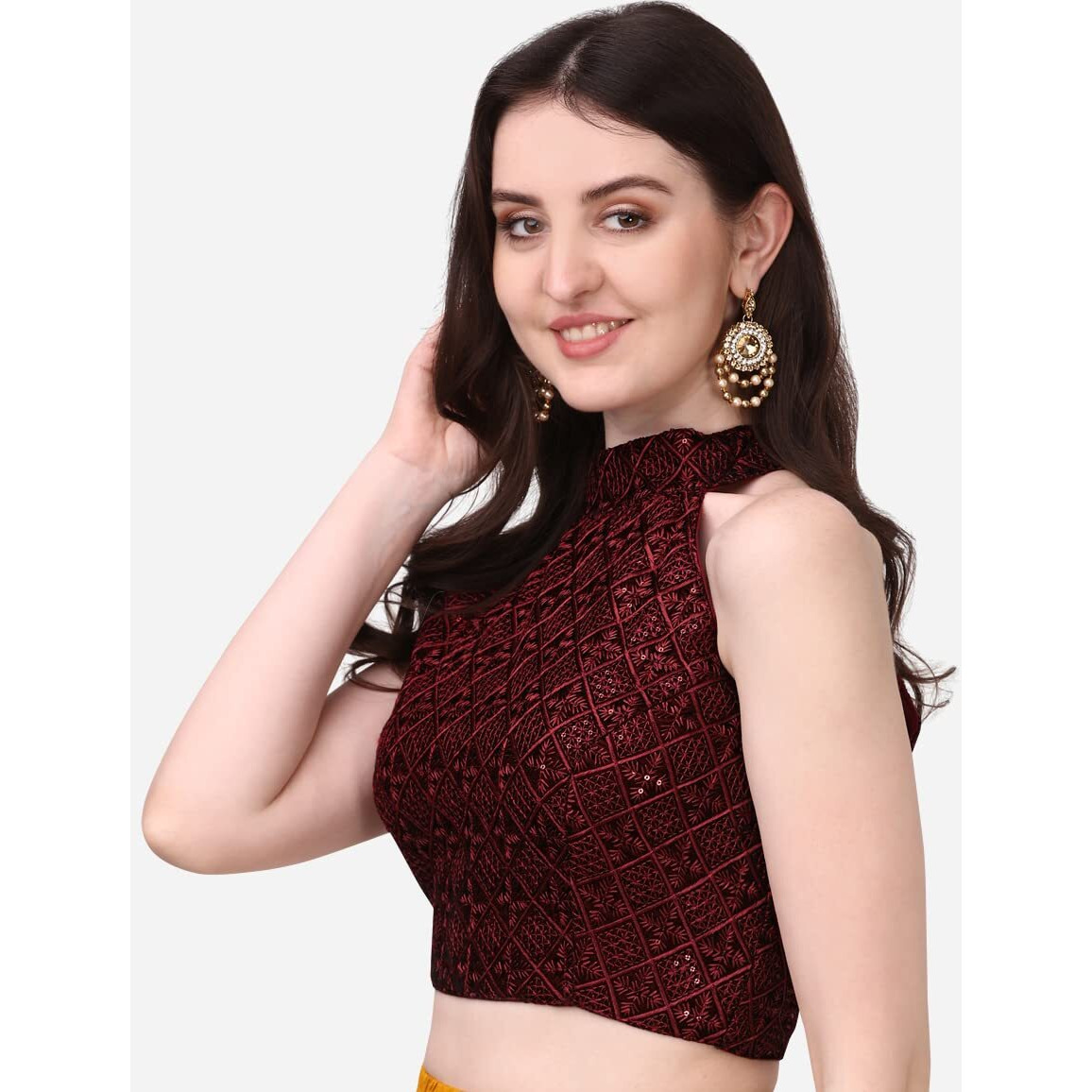Pujia Mills Women's Halter Neck Chickenkari Sequins Work Readymade Saree Blouse (Maroon, 40)