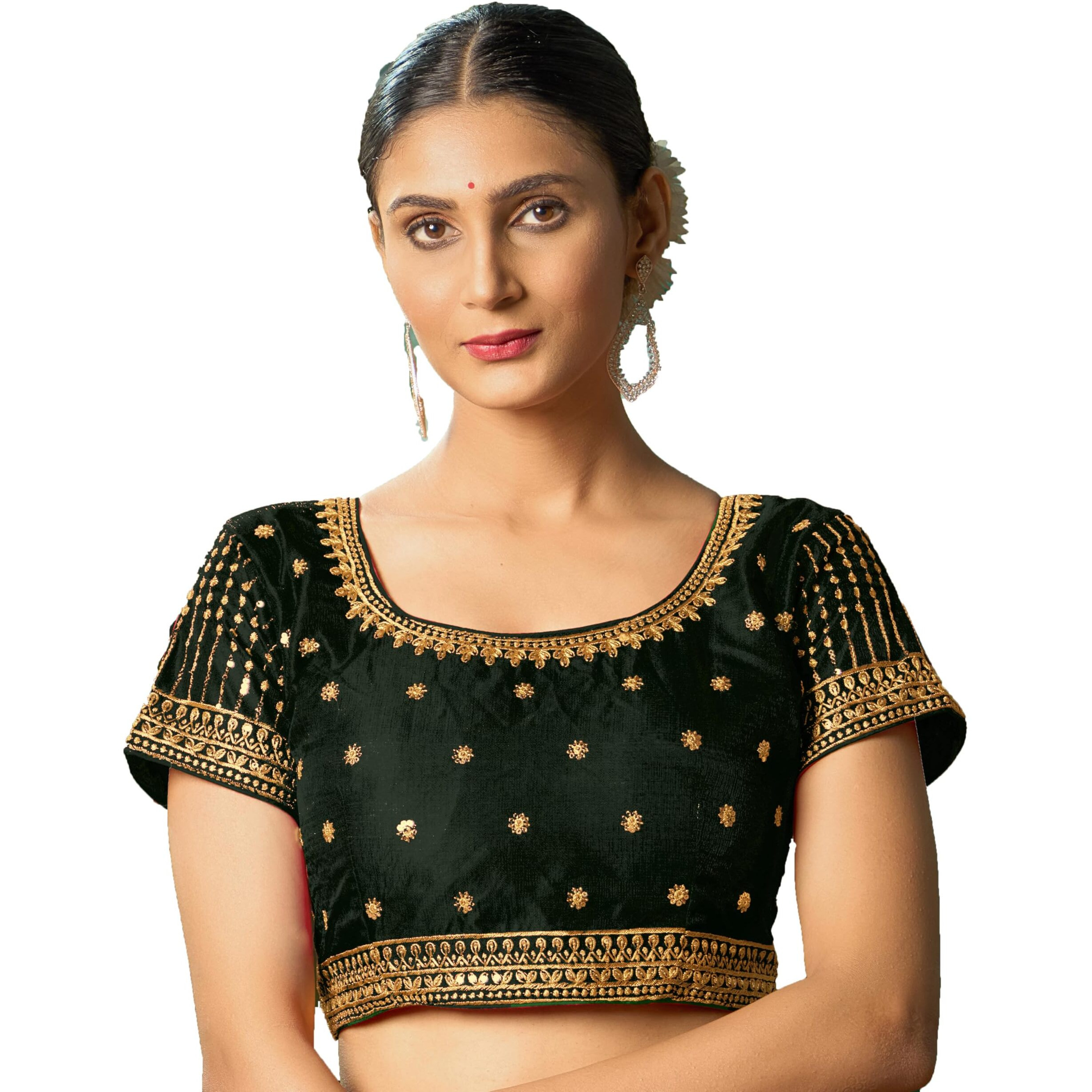 Pujia Mills Women's Dark Green Readymade Blouse Embroidery Multi Coding Gold Thread Indian Ethnic Designer Blouse Stitched Women's Readymade Short Sleeve Saree Blouse For Women For Saree Lehenga Choli