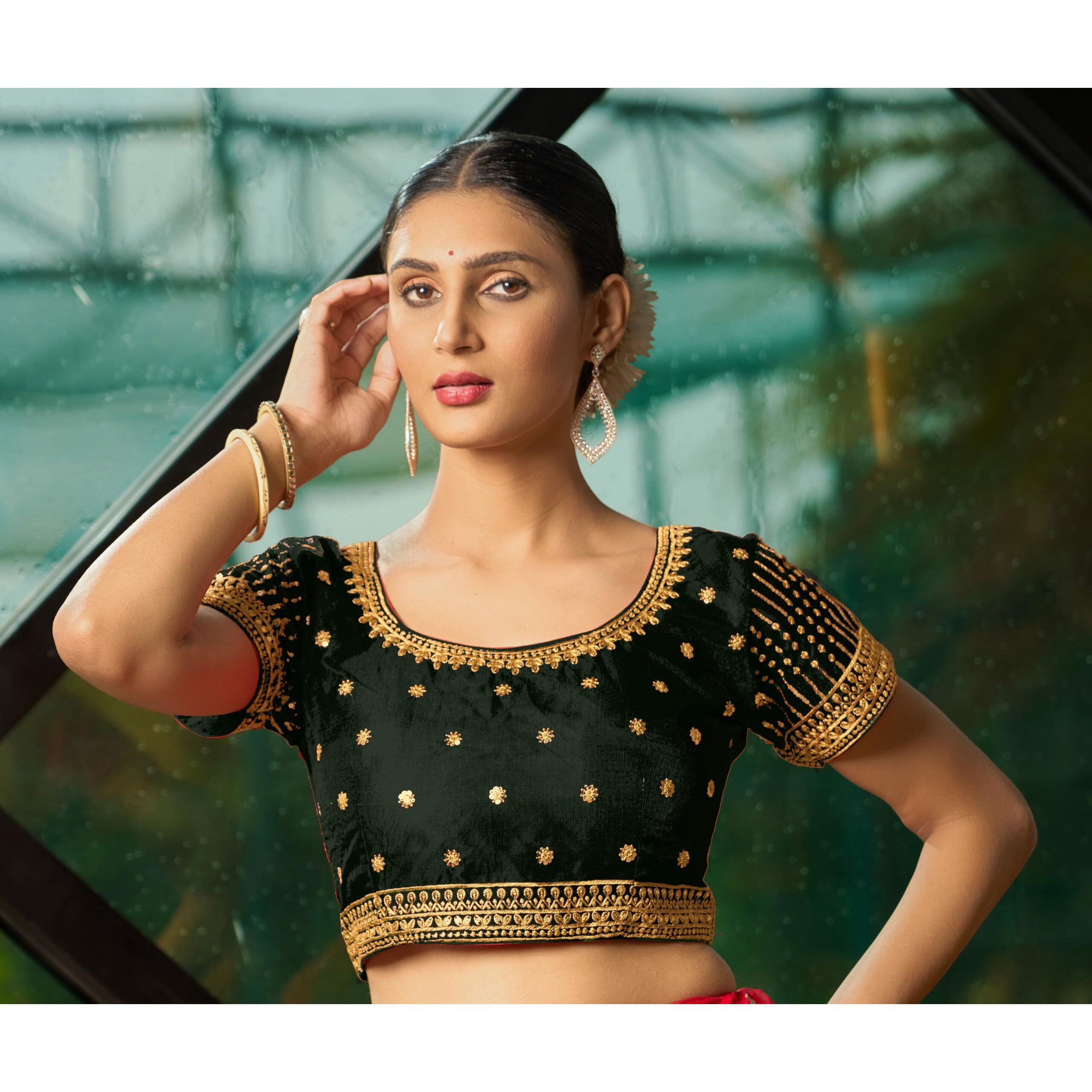 Pujia Mills Women's Dark Green Readymade Blouse Embroidery Multi Coding Gold Thread Indian Ethnic Designer Blouse Stitched Women's Readymade Short Sleeve Saree Blouse For Women For Saree Lehenga Choli