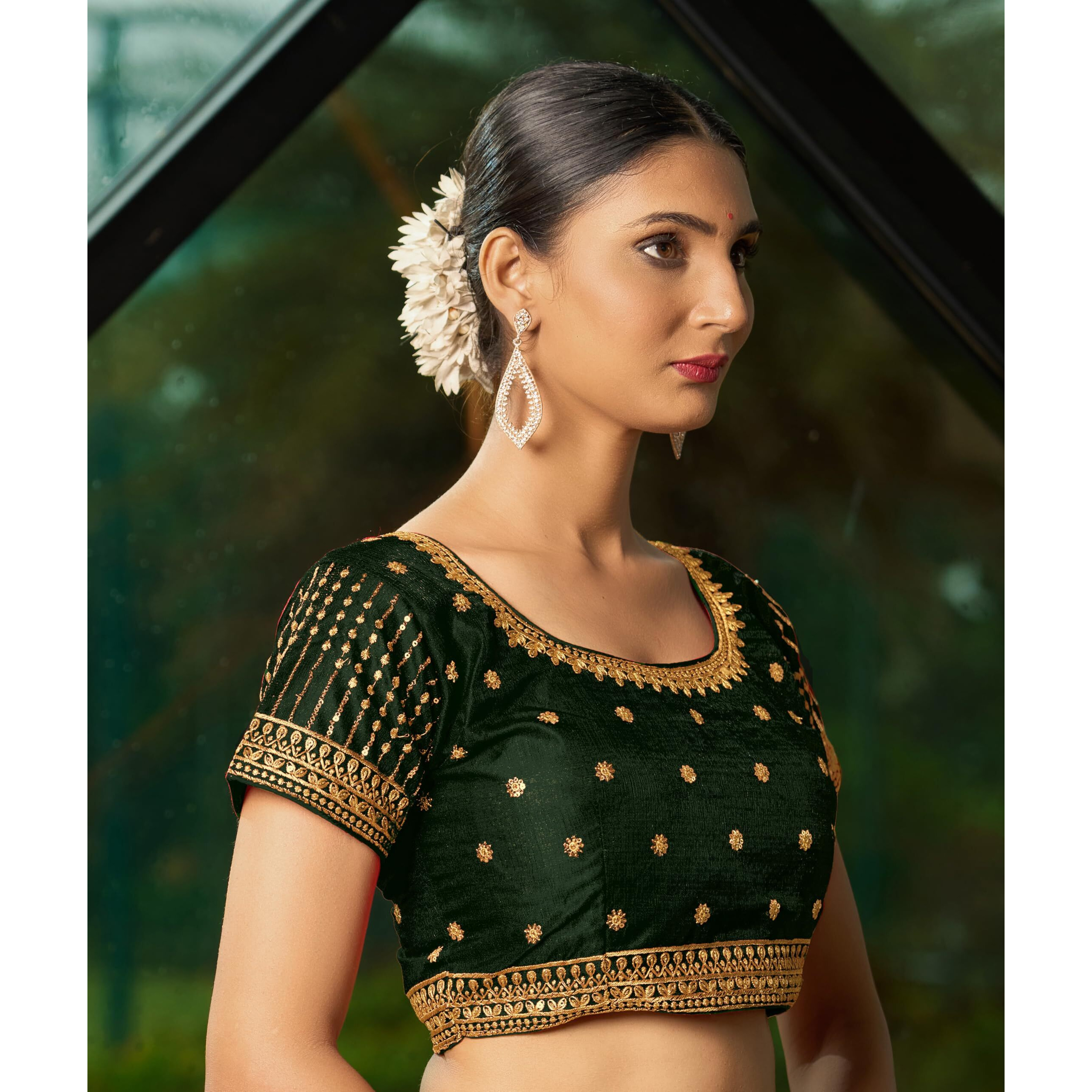 Pujia Mills Women's Dark Green Readymade Blouse Embroidery Multi Coding Gold Thread Indian Ethnic Designer Blouse Stitched Women's Readymade Short Sleeve Saree Blouse For Women For Saree Lehenga Choli
