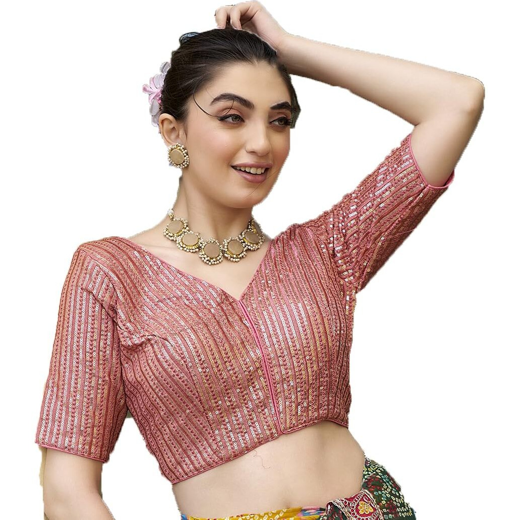 Pujia Mills Women's Indian Ethnic Wear Designer Silver Sequence With Matching Embroidered Work V Neck Half Sleeve Readymade Padded Saree Blouse Readymade Unique Peach Color Saree Blouse