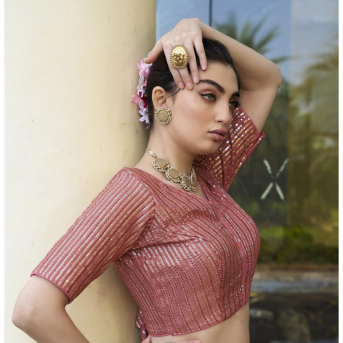 Pujia Mills Women's Indian Ethnic Wear Designer Silver Sequence With Matching Embroidered Work V Neck Half Sleeve Readymade Padded Saree Blouse Readymade Unique Peach Color Saree Blouse