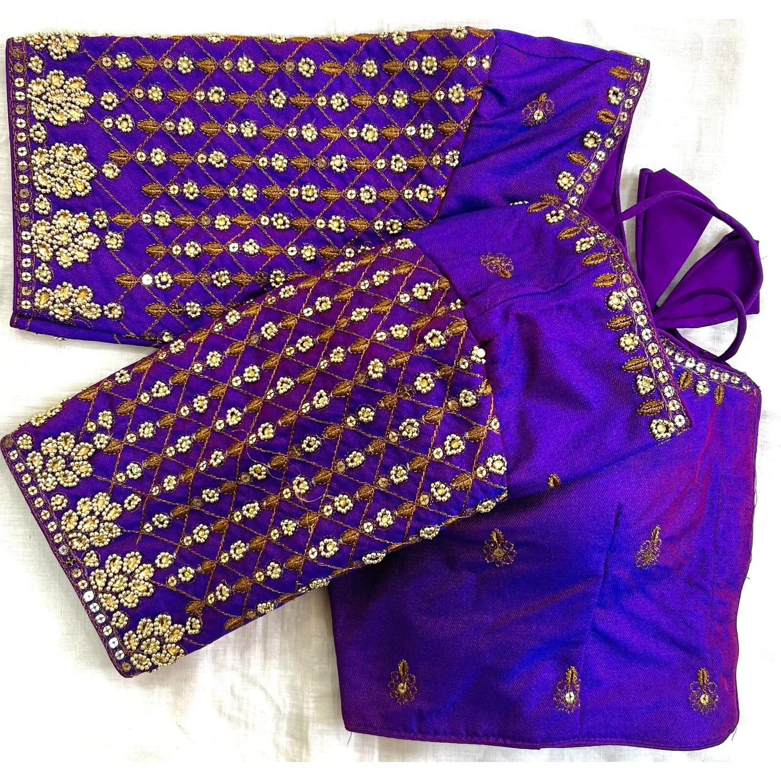 Pujia Mills Women's Trendy Embroidery Maggam Work Half Sleeve Pink Saree Blouse(Maggam 2 Purple_38)