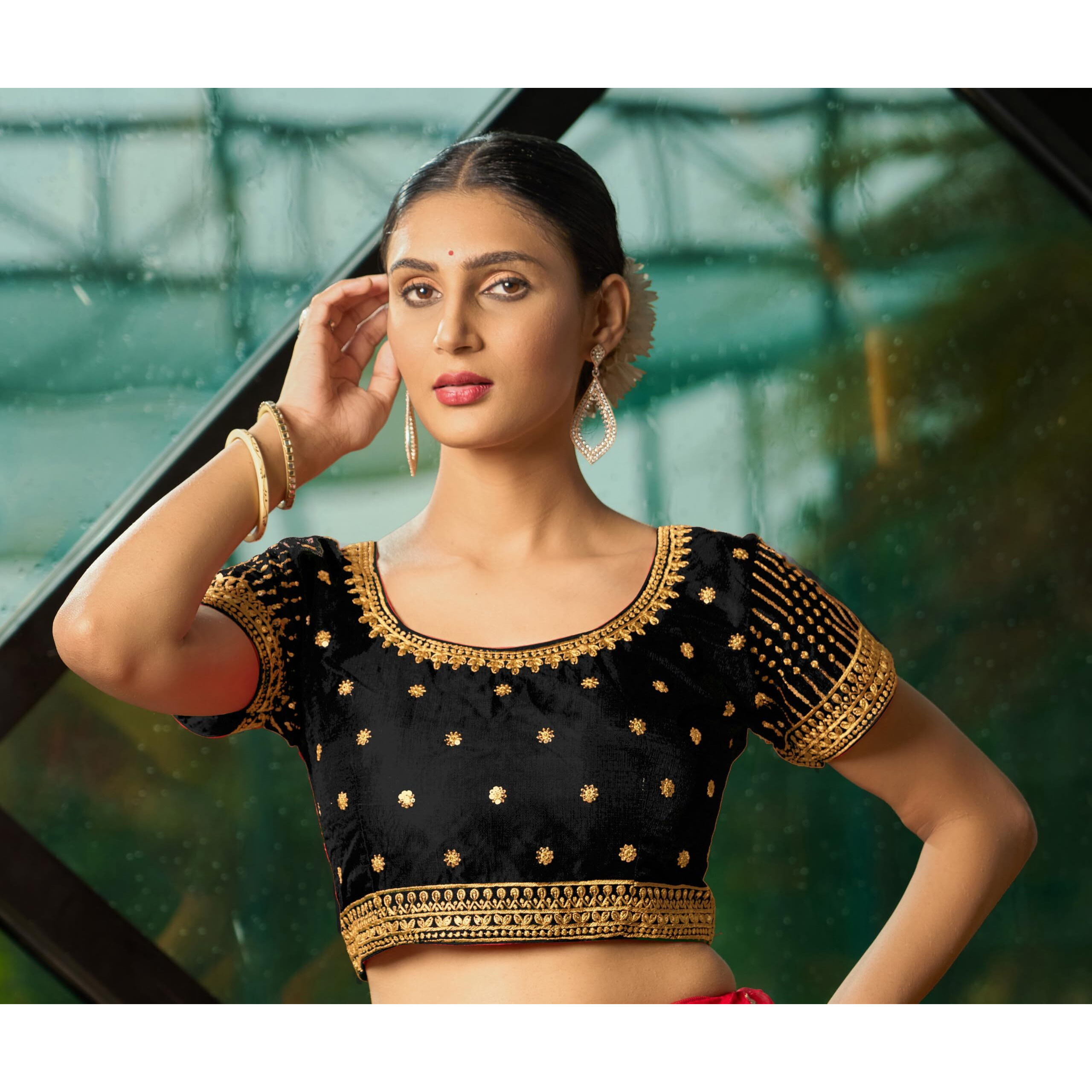 Pujia Mills Women's Black Readymade Blouse Embroidery Multi Coding Gold Thread Indian Ethnic Designer Blouse Stitched Women's Readymade Short Sleeve Saree Blouse For Women For Saree Lehenga Choli