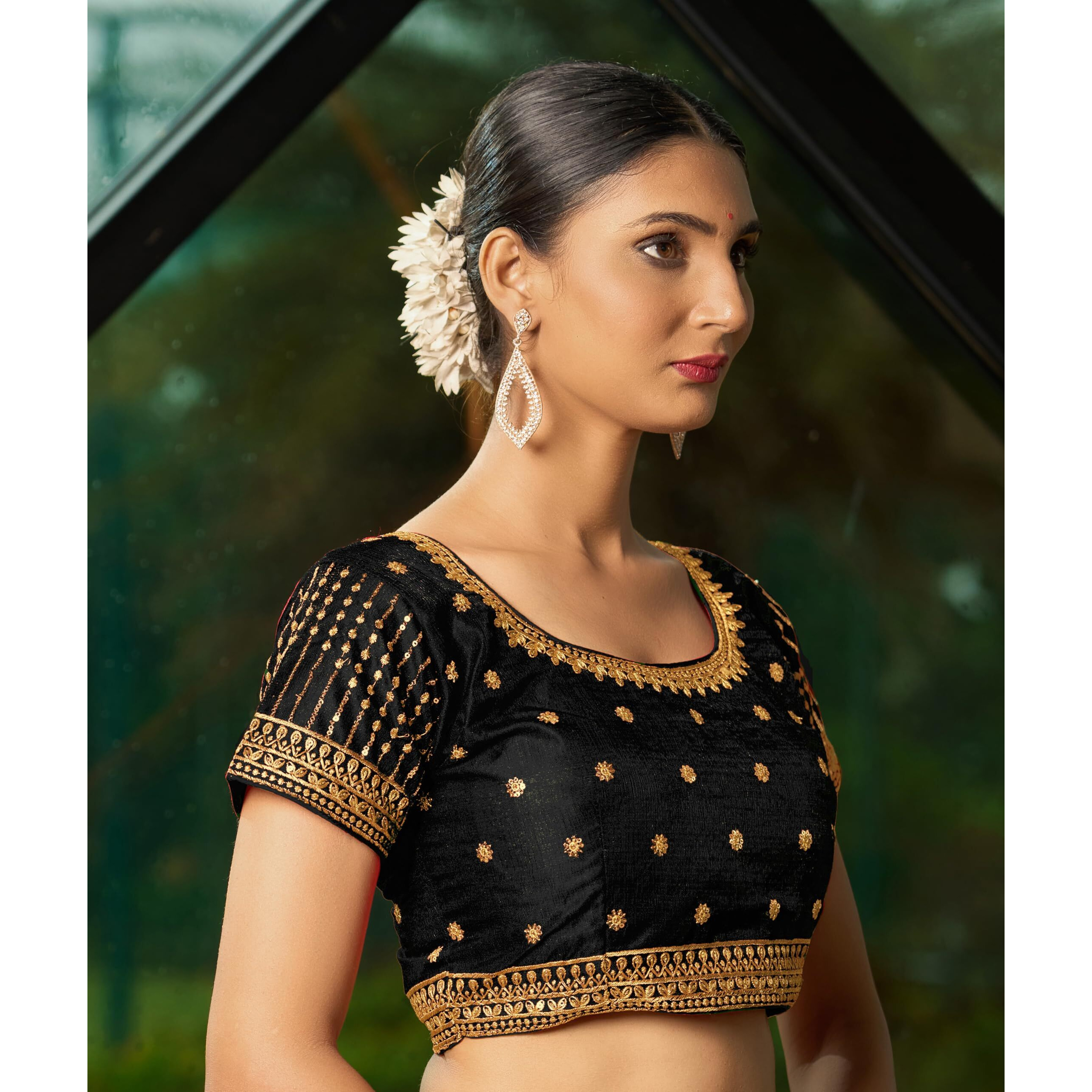 Pujia Mills Women's Black Readymade Blouse Embroidery Multi Coding Gold Thread Indian Ethnic Designer Blouse Stitched Women's Readymade Short Sleeve Saree Blouse For Women For Saree Lehenga Choli