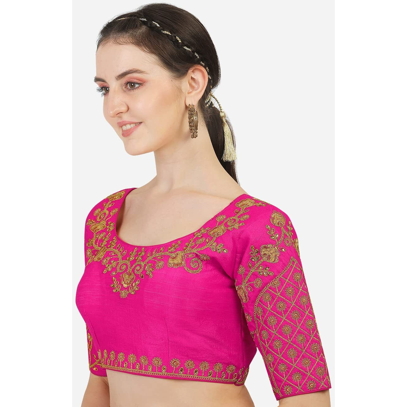 Pujia Mils Women's Silk Half Sleeve Regular (Floral Blouse Pink 36)