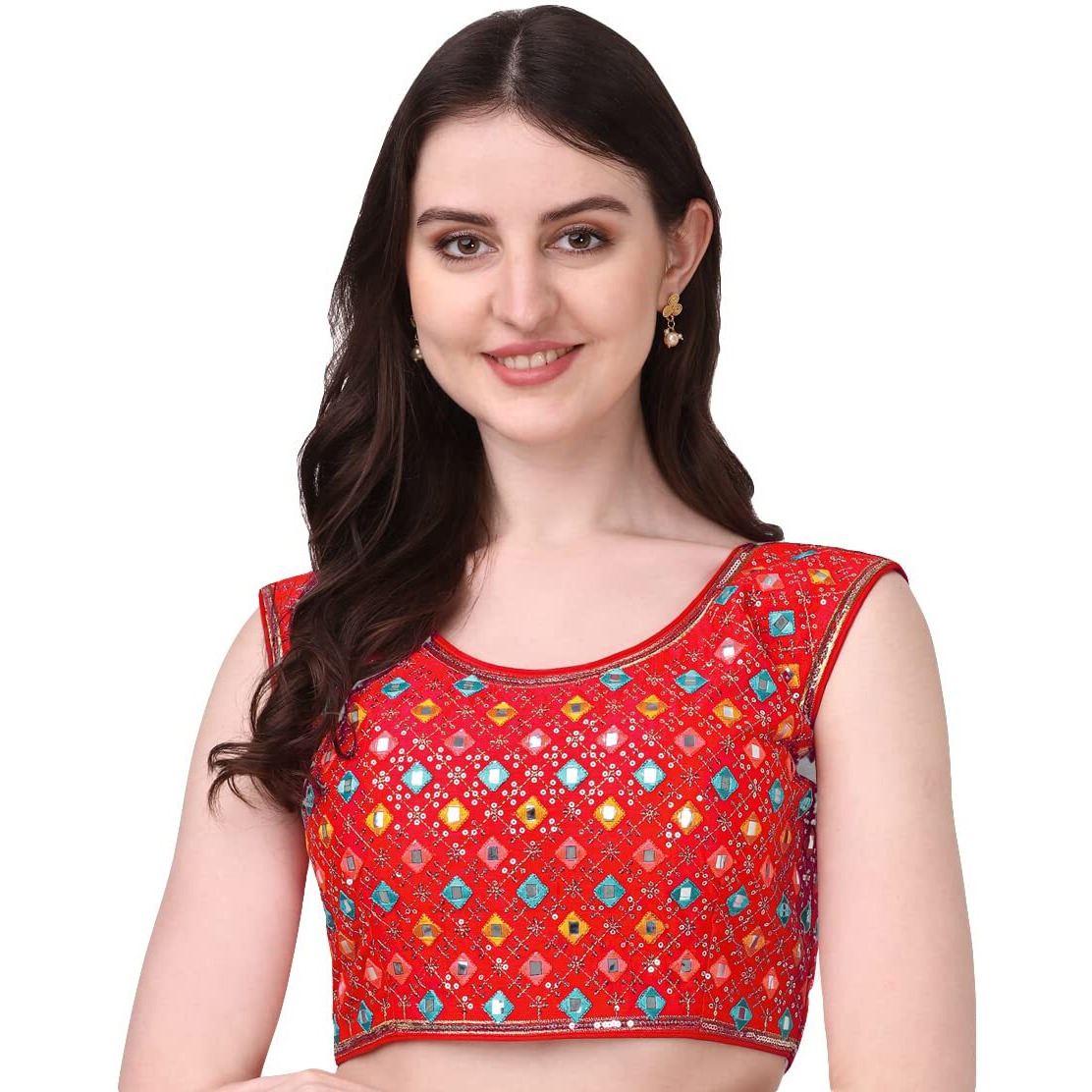 Pujia Mills Women's Silk Embroidery Foil Work Sleeveless Readymade Saree Blouse