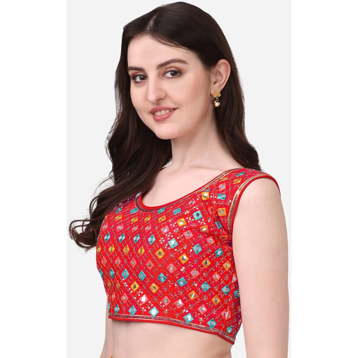 Pujia Mills Women's Silk Embroidery Foil Work Sleeveless Readymade Saree Blouse