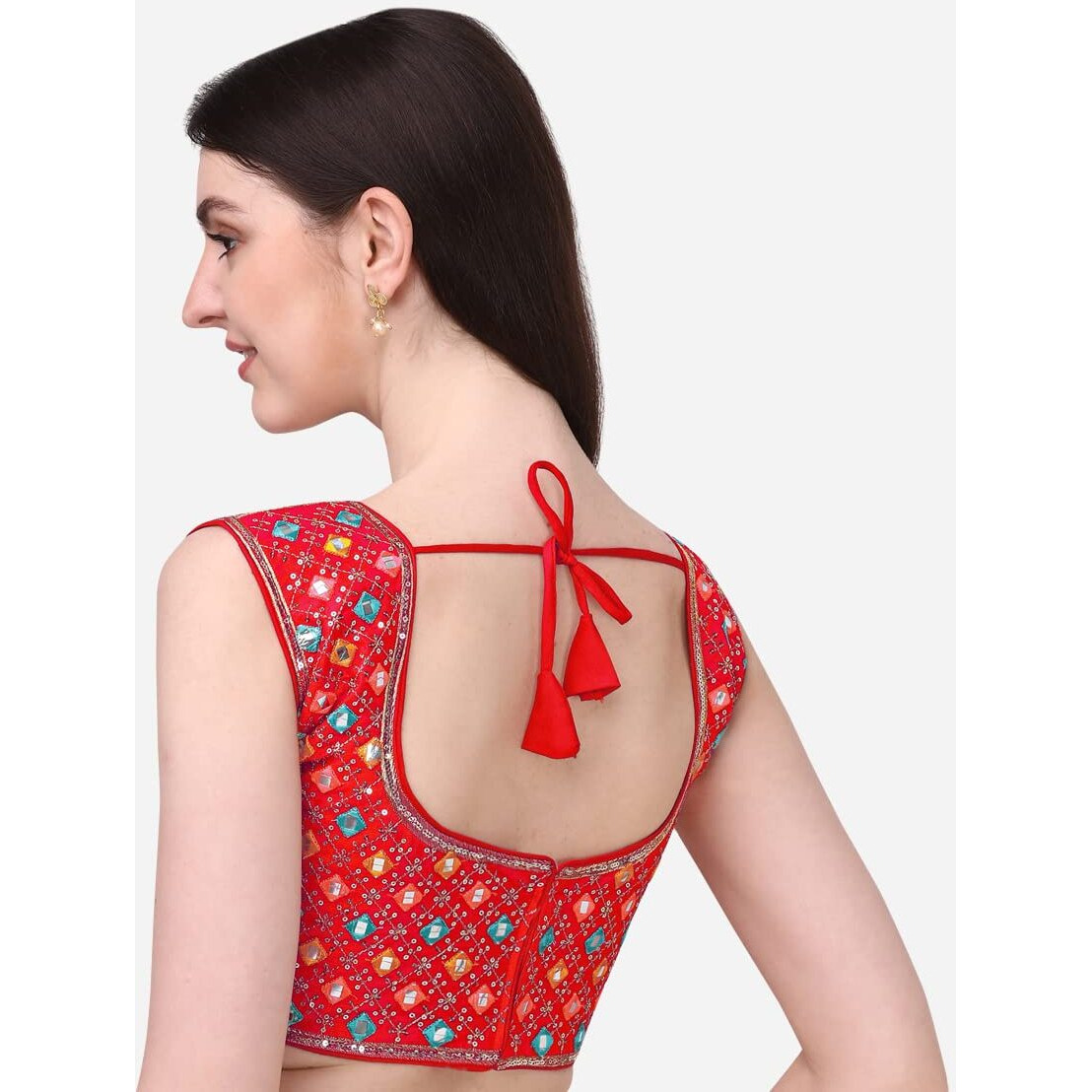 Pujia Mills Women's Silk Embroidery Foil Work Sleeveless Readymade Saree Blouse