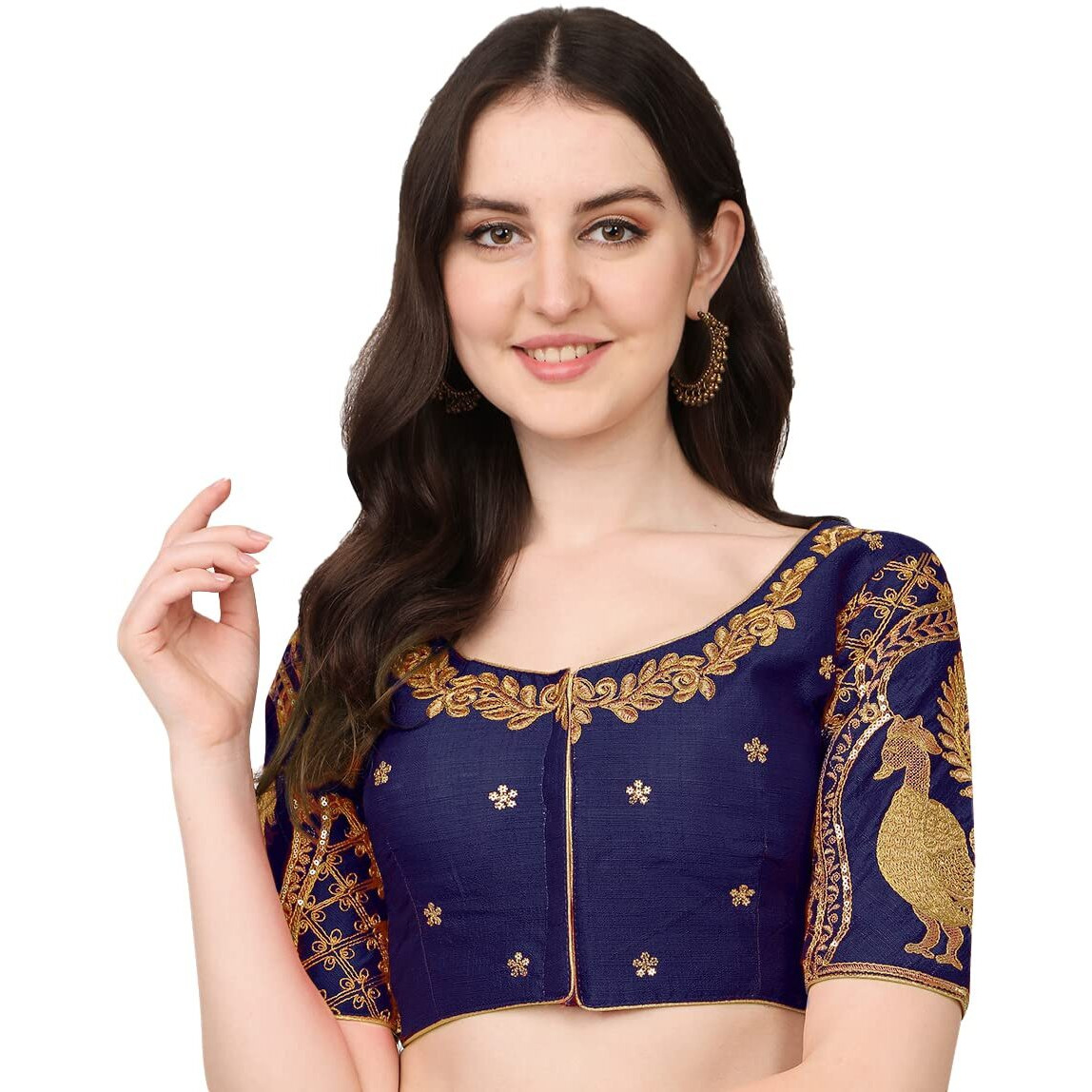 Pujia Mills Women's Embroidery Handwork & Sequin Work Peacock Design Readymade Blouse (36, Navy Blue)