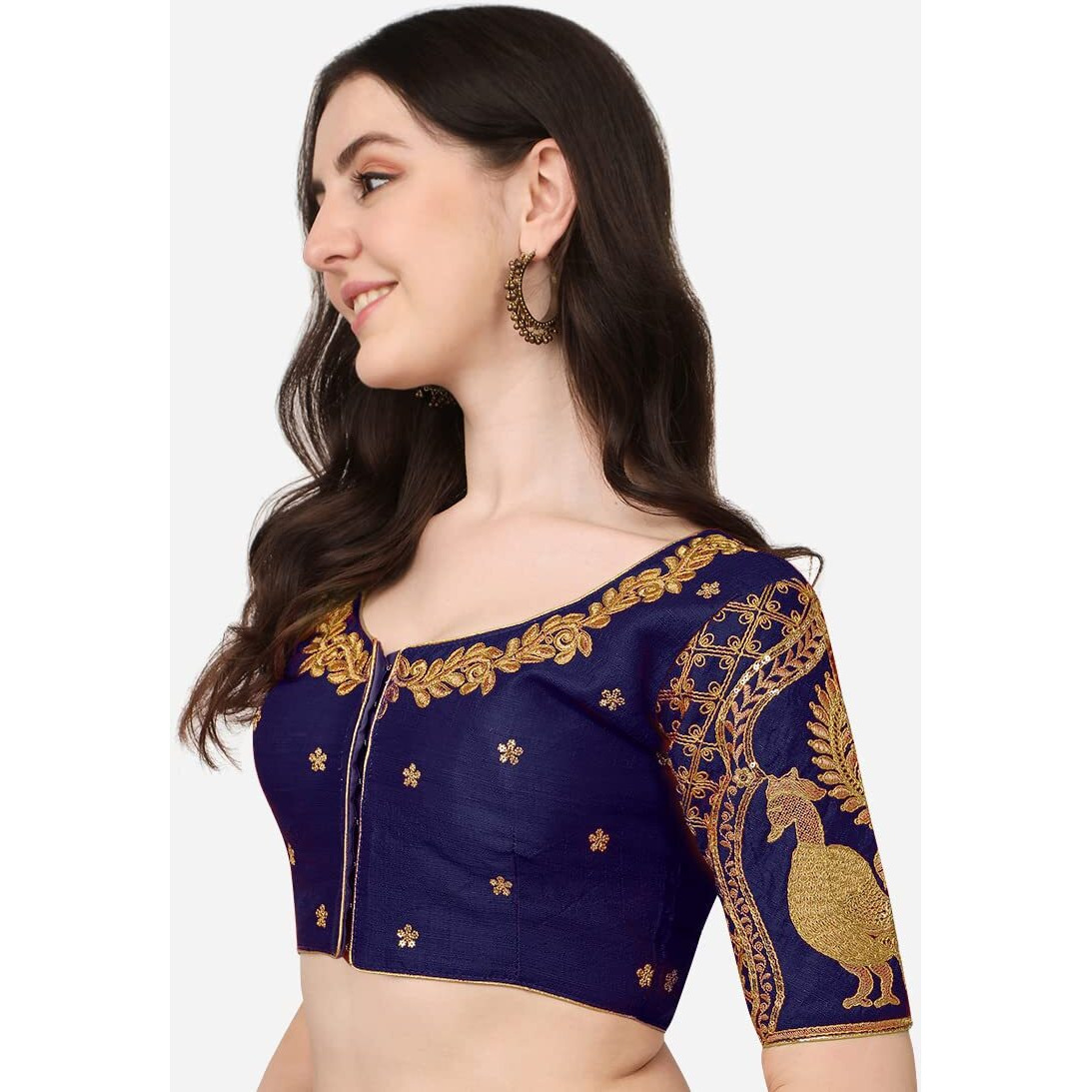 Pujia Mills Women's Embroidery Handwork & Sequin Work Peacock Design Readymade Blouse (36, Navy Blue)