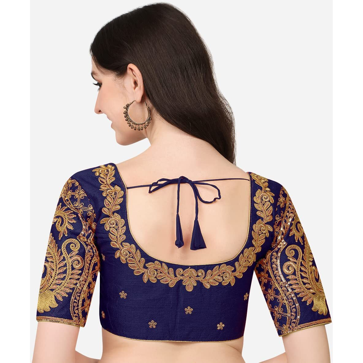 Pujia Mills Women's Embroidery Handwork & Sequin Work Peacock Design Readymade Blouse (36, Navy Blue)