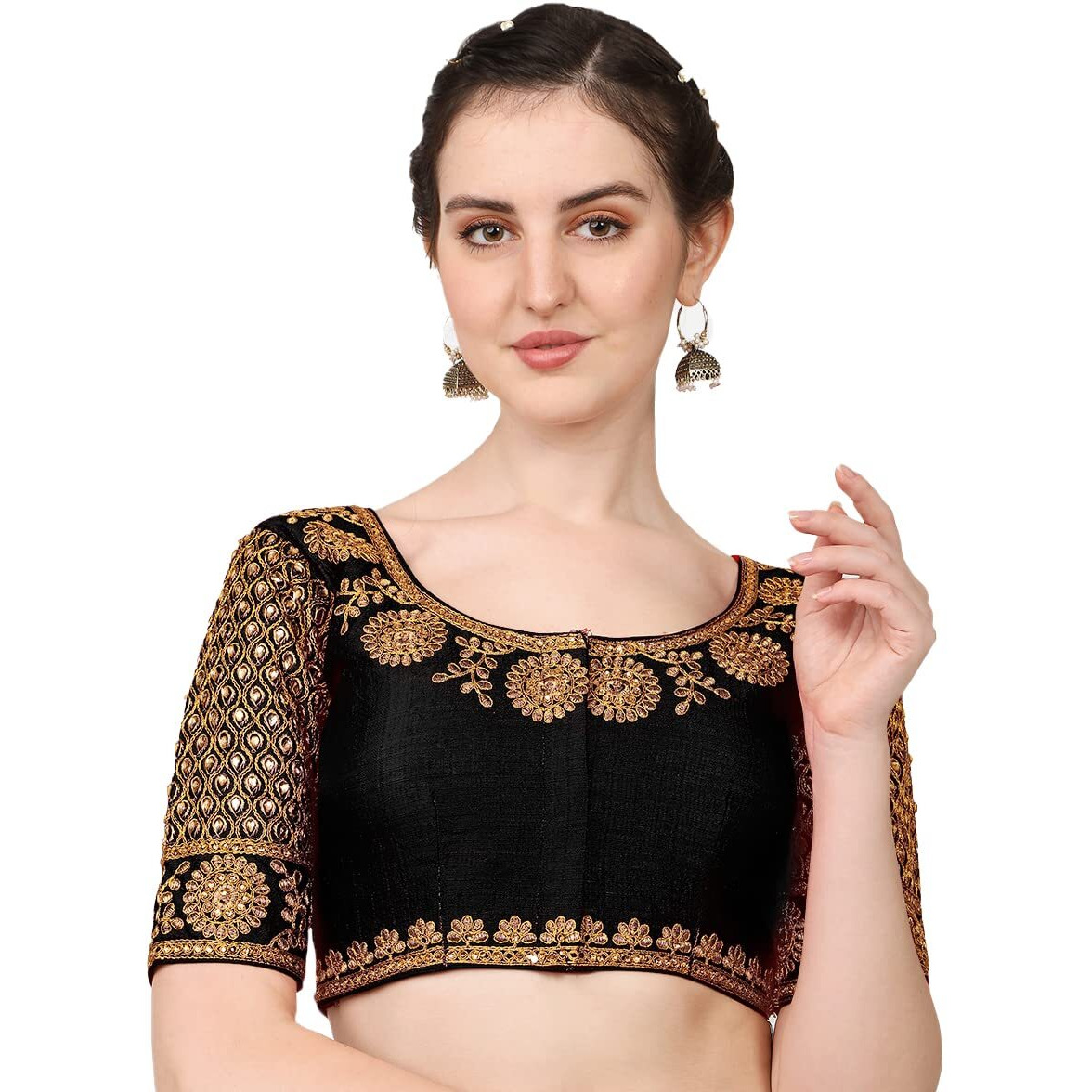 Pujia Mills Women's Phantom Silk Morpankh Half Sleeve Saree Blouse (Morpankh_Black_38 Size+Margin)