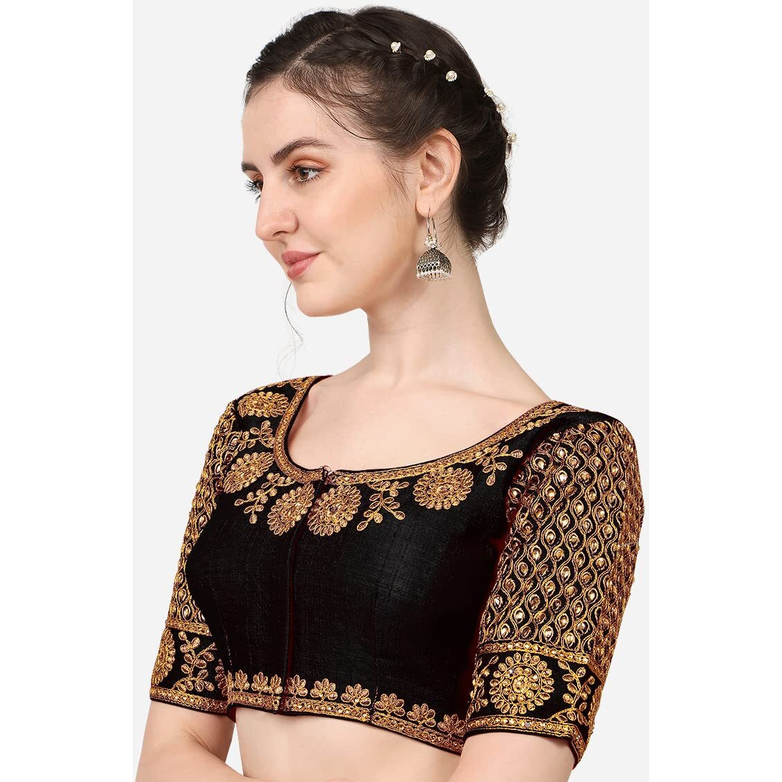 Pujia Mills Women's Phantom Silk Morpankh Half Sleeve Saree Blouse (Morpankh_Black_38 Size+Margin)