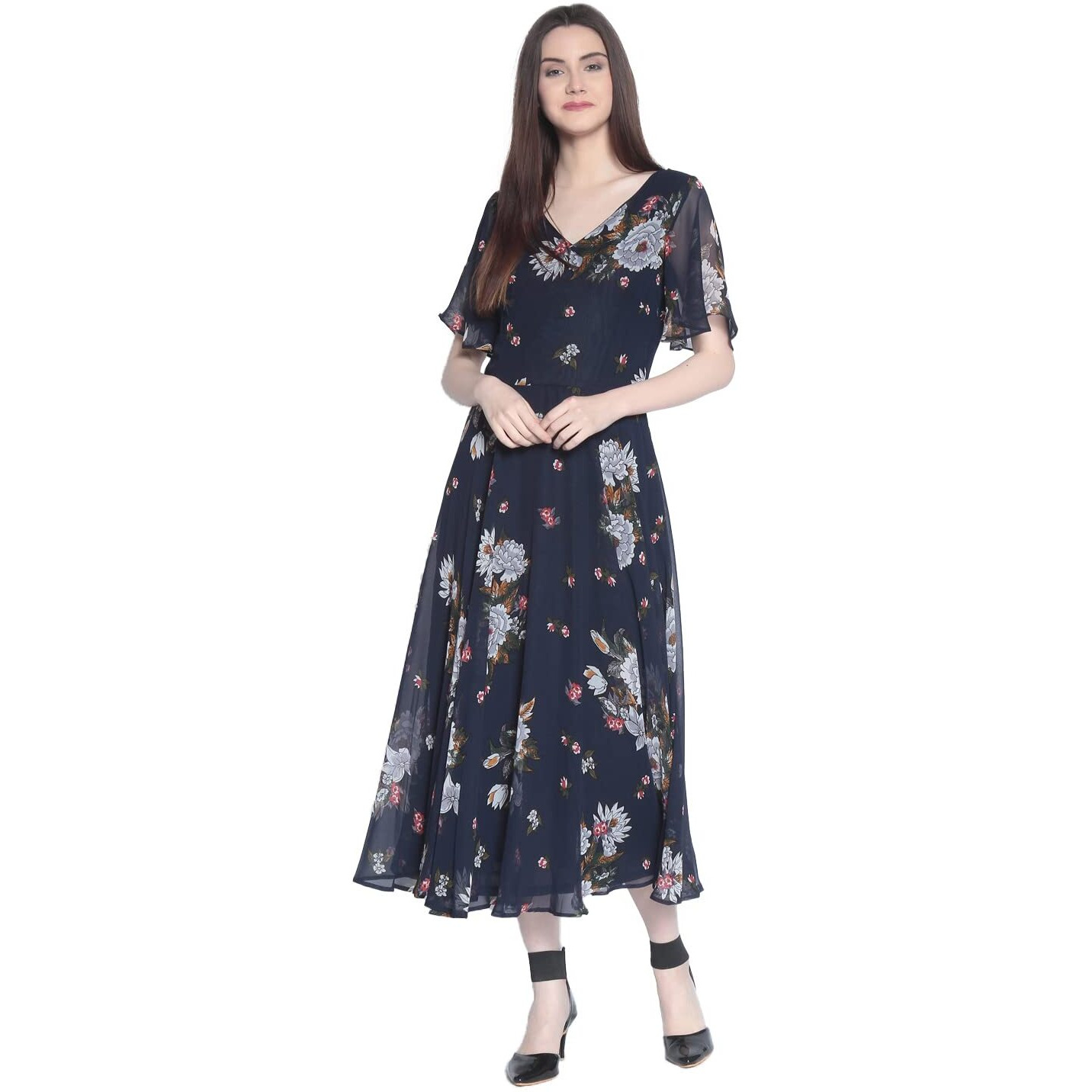 Rare London Women Synthetic A-Line Knee-Long Dress (Ep3153-L_Blue_L)